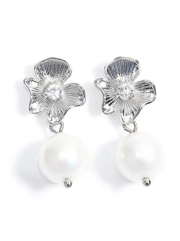 Goddiva Flower Drop Pearl Earrings In Silver By SVNX