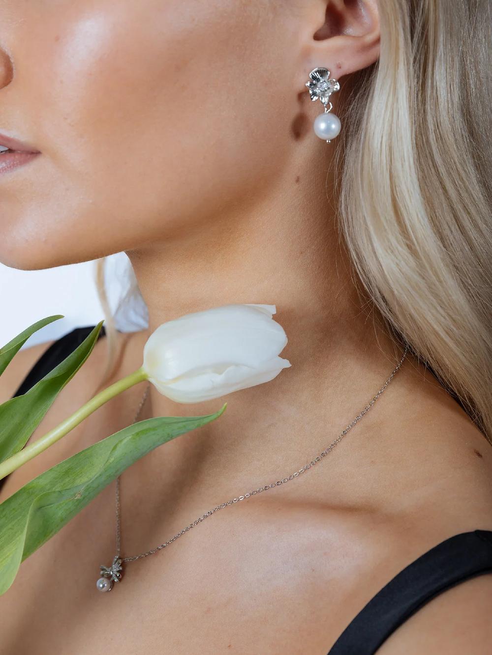 goddiva Flower Drop Pearl Earrings In Silver by SVNX