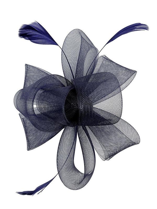 Goddiva Flower & Feathers Fascinator Hat With Headband & Clip In Navy By SVNX