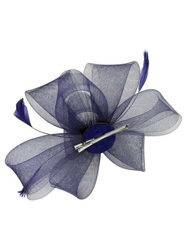 Goddiva Flower & Feathers Fascinator Hat With Headband & Clip In Navy By SVNX