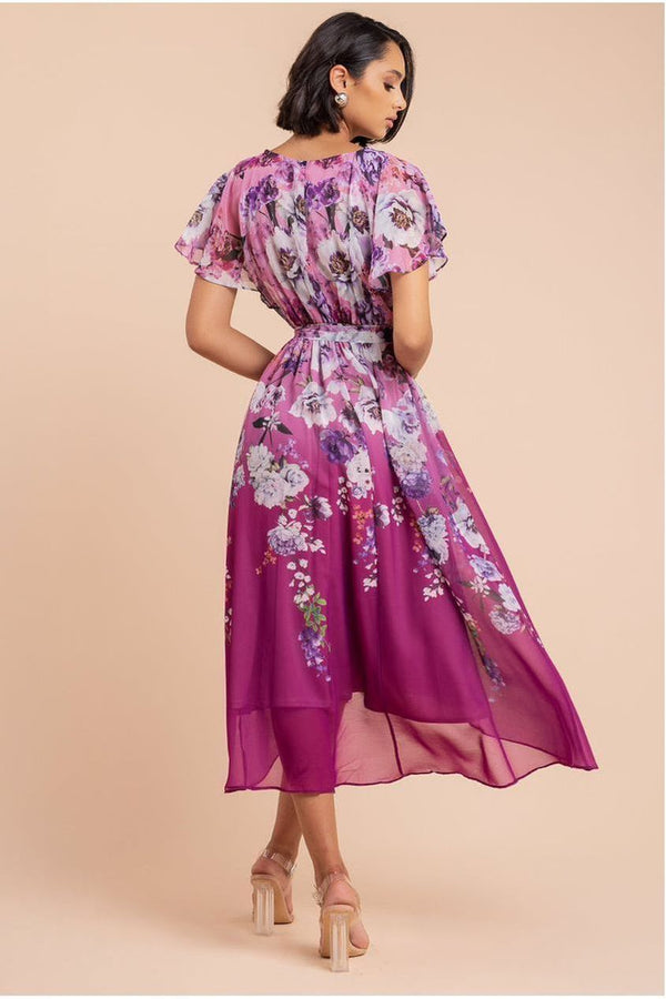Goddiva Flutter Sleeve A-Line Chiffon Floral Printed Midi Dress - Magenta By Goddiva