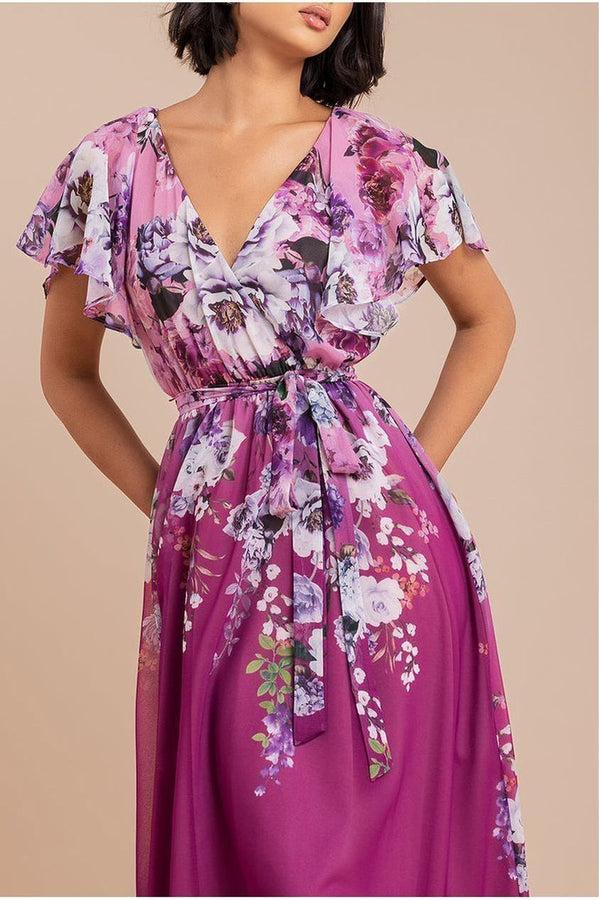 Goddiva Flutter Sleeve A-Line Chiffon Floral Printed Midi Dress - Magenta By Goddiva