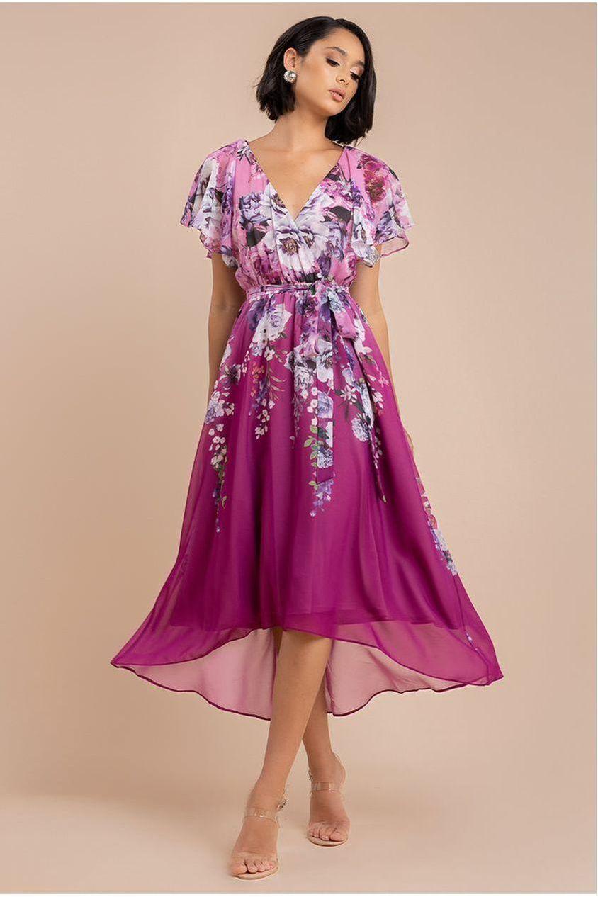 goddiva Flutter Sleeve A-Line Chiffon Floral Printed Midi Dress - Magenta by Goddiva