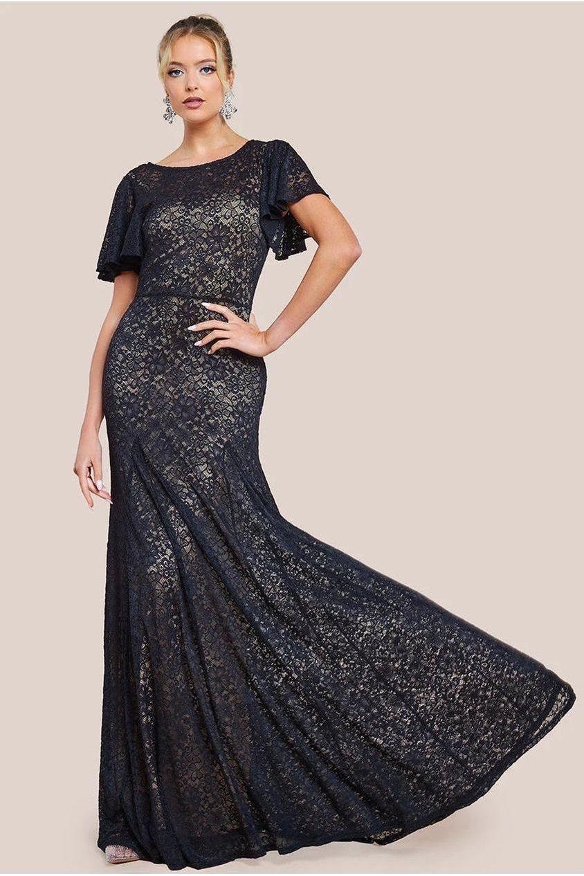 goddiva Flutter Sleeve Lace A-Line Maxi Dress - Black by Goddiva