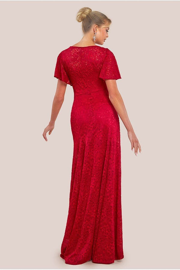 Goddiva Flutter Sleeve Lace A-Line Maxi Dress - Red By Goddiva