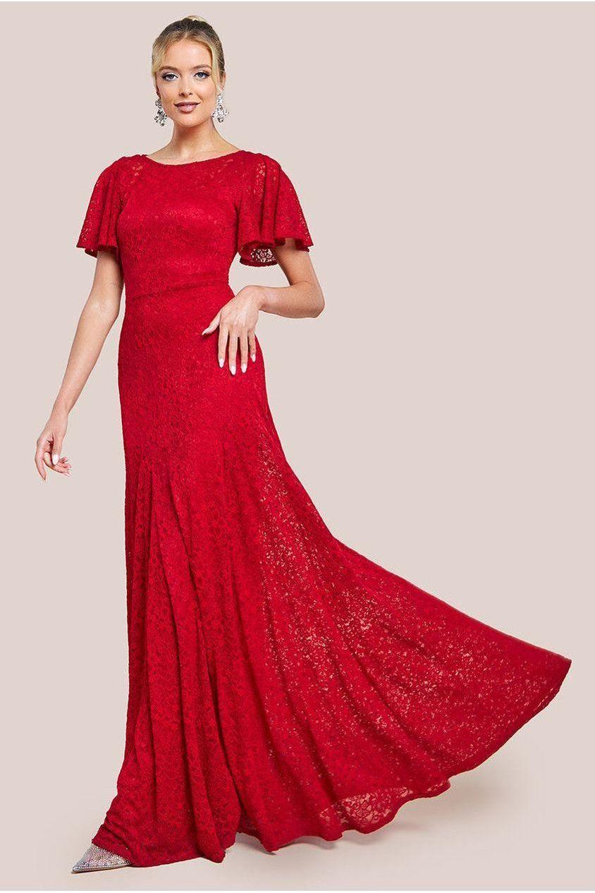 goddiva Flutter Sleeve Lace A-Line Maxi Dress - Red by Goddiva