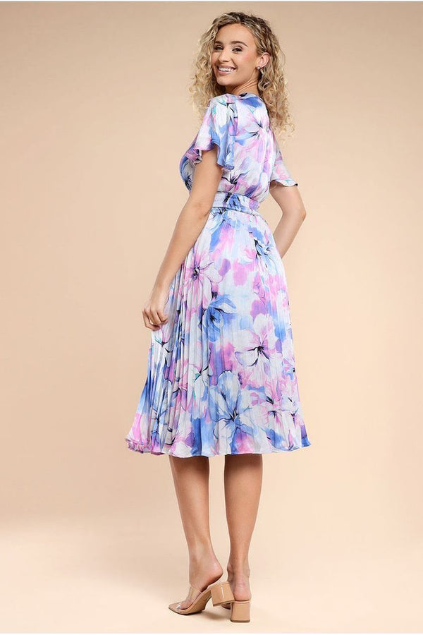 Goddiva Flutter Sleeve Pleated Skirt Floral Midi Dress - Blue By Goddiva