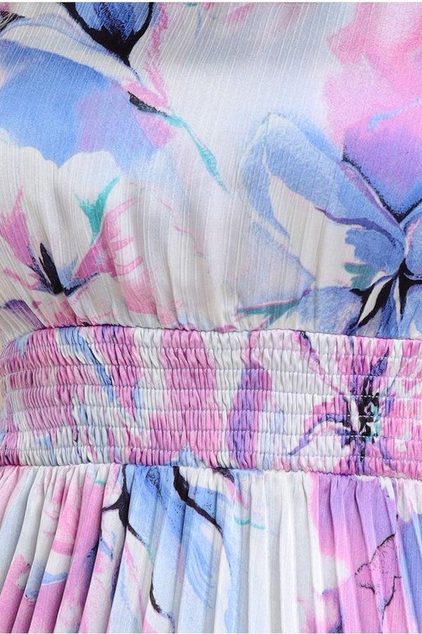 Goddiva Flutter Sleeve Pleated Skirt Floral Midi Dress - Blue By Goddiva