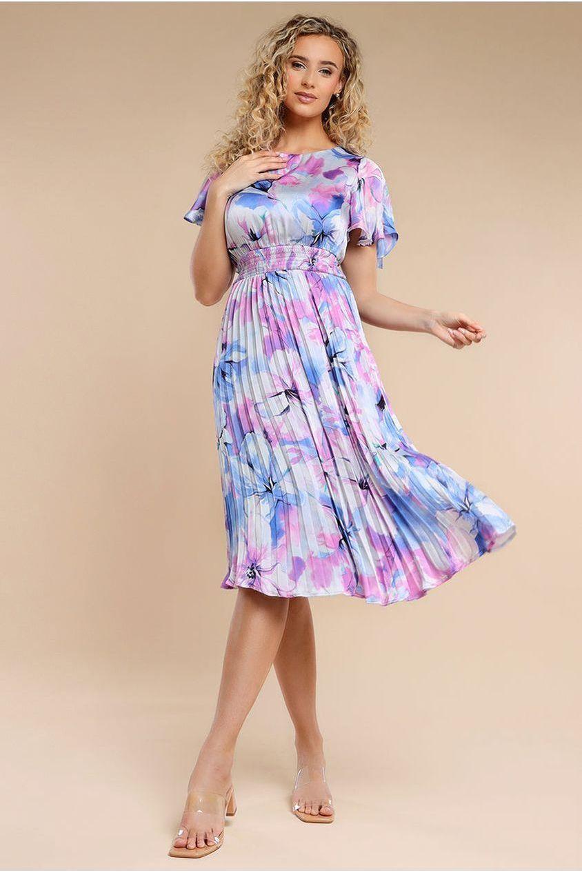 goddiva Flutter Sleeve Pleated Skirt Floral Midi Dress - Blue by Goddiva