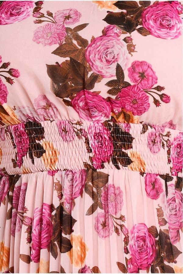 Goddiva Flutter Sleeve Pleated Skirt Floral Midi Dress - Pink By Goddiva