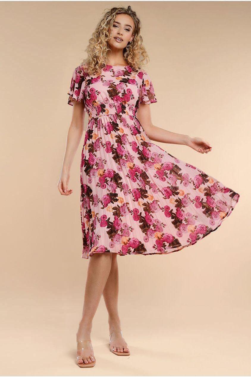 goddiva Flutter Sleeve Pleated Skirt Floral Midi Dress - Pink by Goddiva