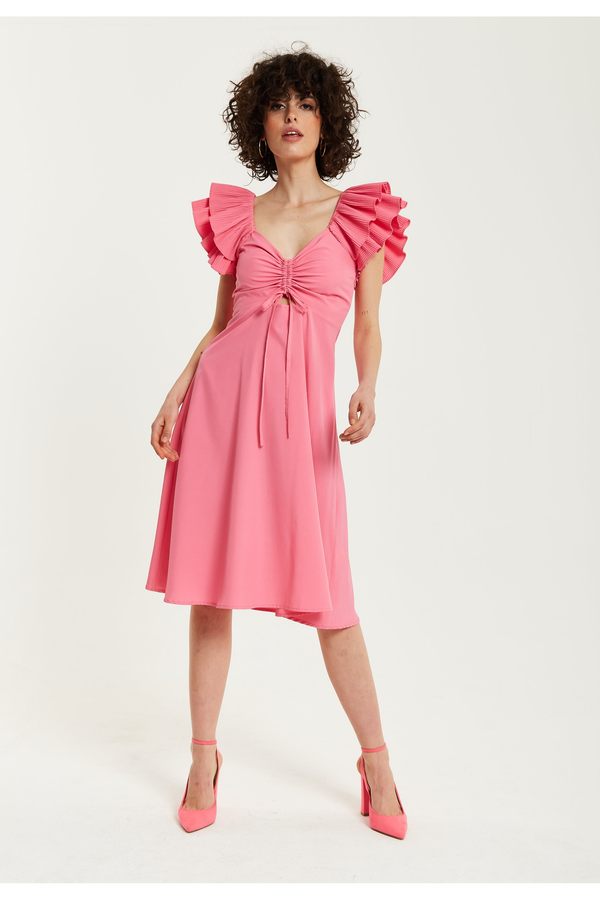 Goddiva Frill Sleeves Midi In Pink With Ruching Front By Liquorish