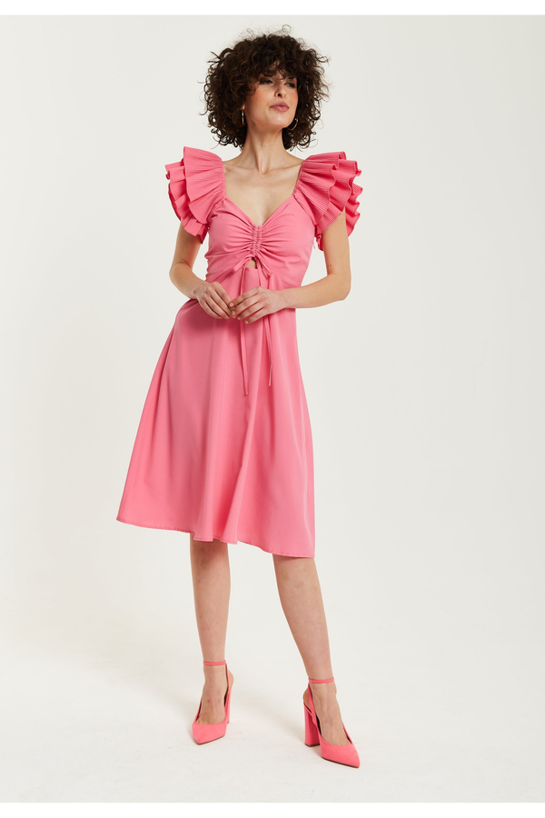 Goddiva Frill Sleeves Midi In Pink With Ruching Front By Liquorish