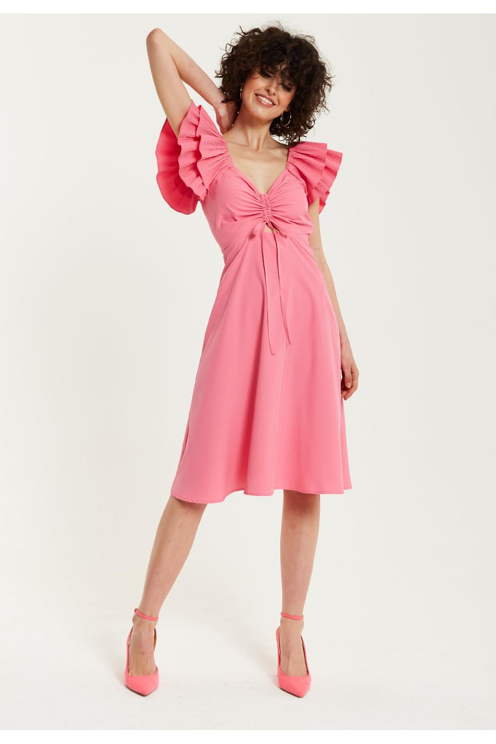 goddiva Frill Sleeves Midi In Pink With Ruching Front by Liquorish