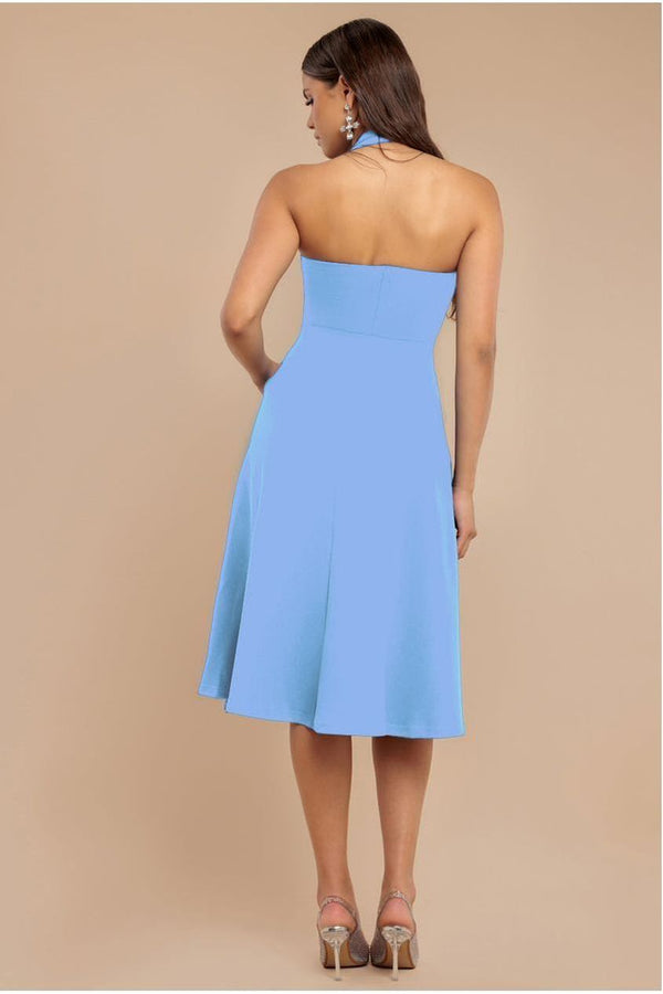 Goddiva Frilled Halter Neck Strap Midi Dress - Cornflower Blue By Goddiva