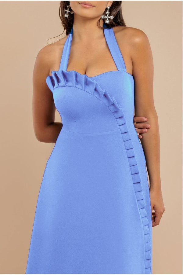 Goddiva Frilled Halter Neck Strap Midi Dress - Cornflower Blue By Goddiva