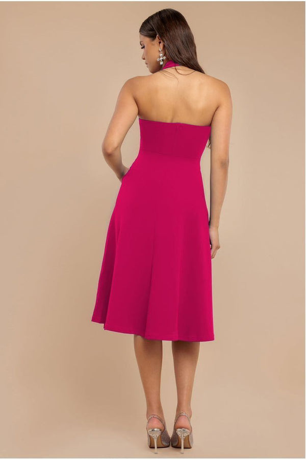 Goddiva Frilled Halter Neck Strap Midi Dress - Magenta By Goddiva