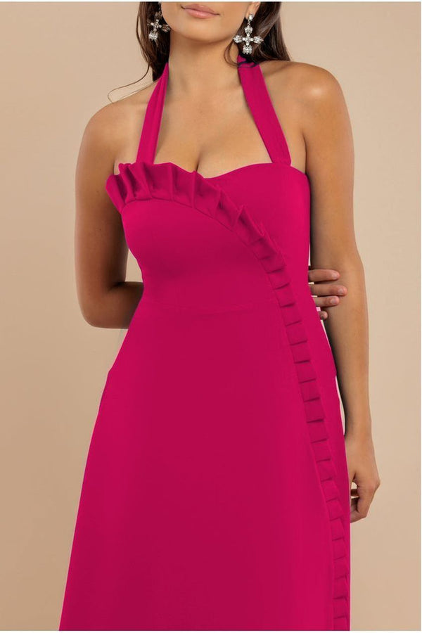 Goddiva Frilled Halter Neck Strap Midi Dress - Magenta By Goddiva