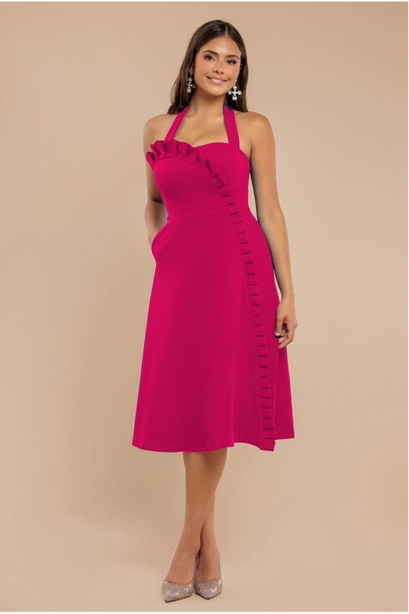 goddiva Frilled Halter Neck Strap Midi Dress - Magenta by Goddiva