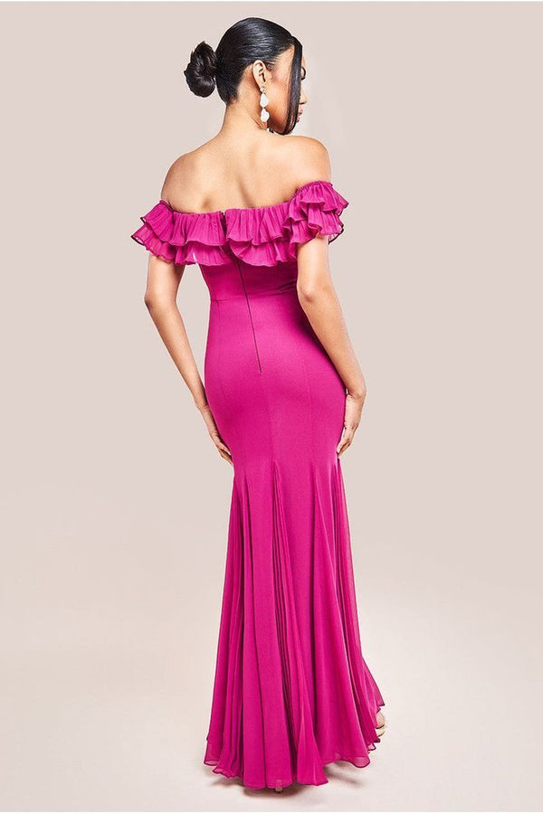 Goddiva Frilled Off The Shoulder Pleated Chiffon Maxi Dress - Magenta By Goddiva