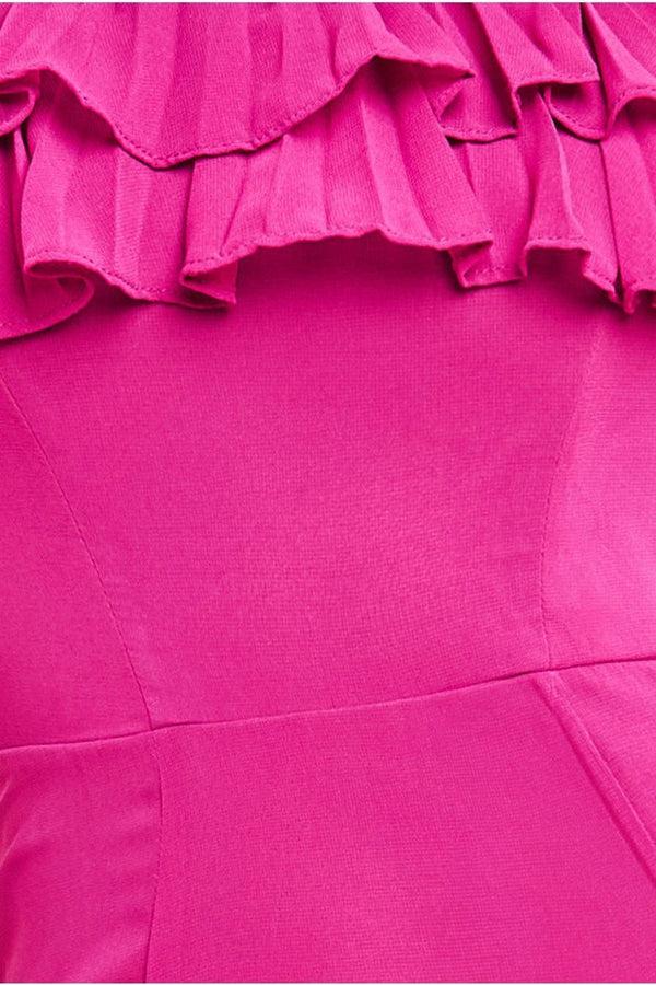Goddiva Frilled Off The Shoulder Pleated Chiffon Maxi Dress - Magenta By Goddiva