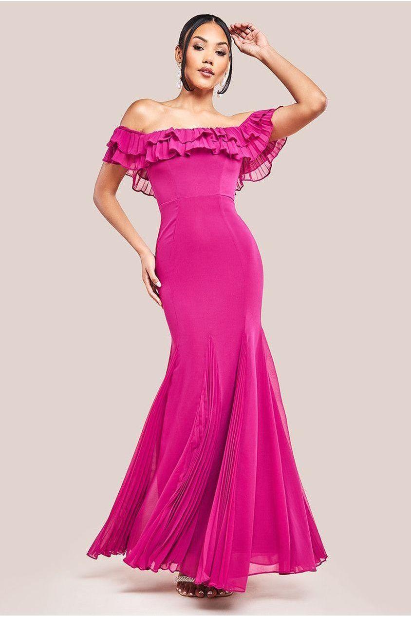 goddiva Frilled Off The Shoulder Pleated Chiffon Maxi Dress - Magenta by Goddiva