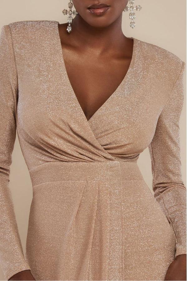 Goddiva Front Wrap Lurex Bodycon Maxi Dress - Nude By Goddiva