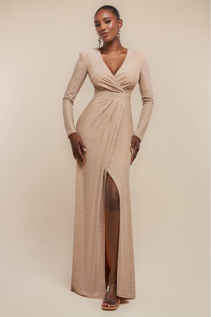 goddiva Front Wrap Lurex Bodycon Maxi Dress - Nude by Goddiva