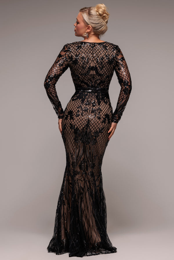 Goddiva Full Sleeve Sequin Evening Dress - Black By Goddiva