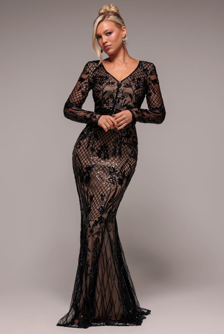 goddiva Full Sleeve Sequin Evening Dress - Black by Goddiva