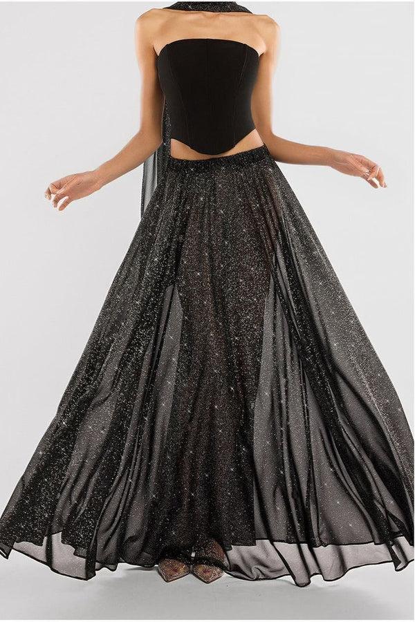 Goddiva Gathered A-Line Glitter Chiffon Maxi Skirt By Goddiva