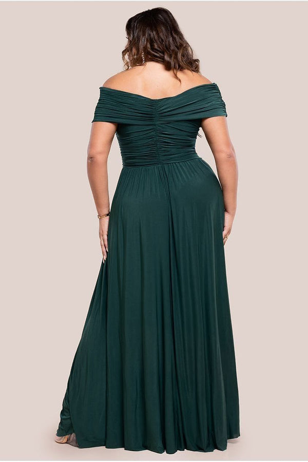 Goddiva Gathered Bardot Bodice Front Split Maxi Dress - Emerald Green By Goddiva Plus