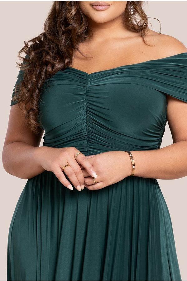 Goddiva Gathered Bardot Bodice Front Split Maxi Dress - Emerald Green By Goddiva Plus