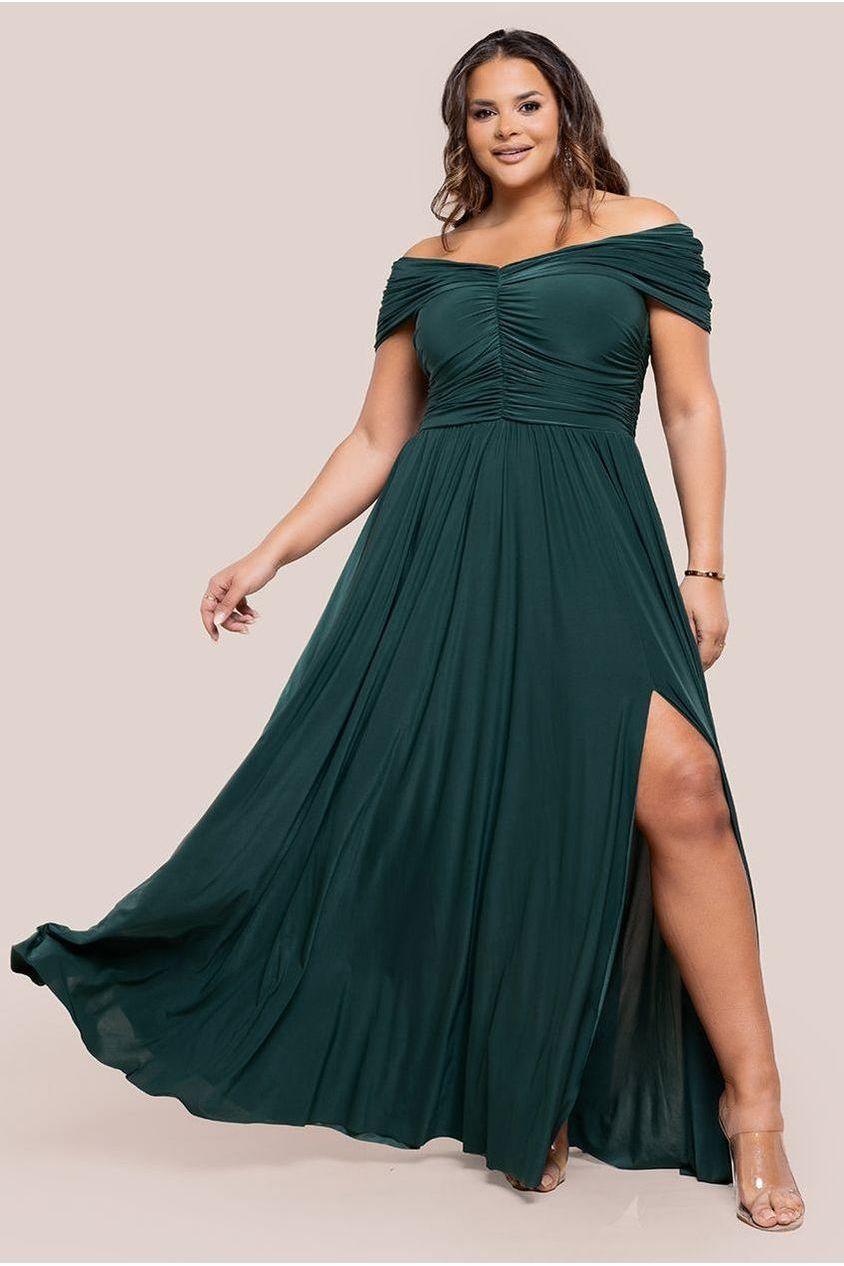 goddiva Gathered Bardot Bodice Front Split Maxi Dress - Emerald Green by Goddiva Plus