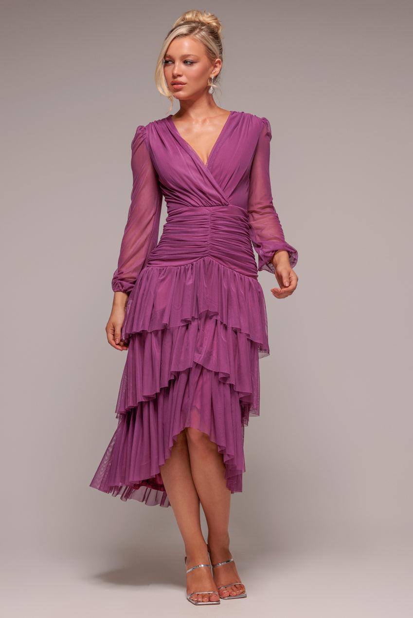 goddiva Gathered High & Low Tiered Midaxi Dress - Berry by Goddiva