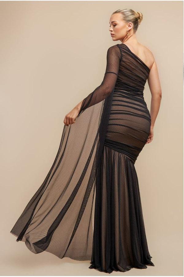 Goddiva Gathered One Sleeve Angel Wing Mermaid Maxi Dress - Black By Goddiva