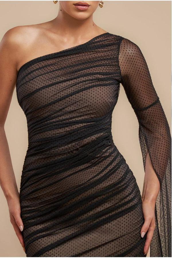 Goddiva Gathered One Sleeve Angel Wing Mermaid Maxi Dress - Black By Goddiva