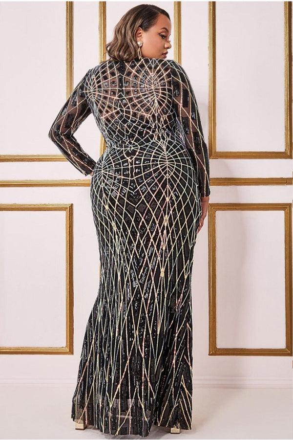 Goddiva Geo Sequin Long Sleeve Maxi Dress - Black By Goddiva Plus