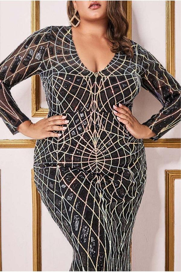 Goddiva Geo Sequin Long Sleeve Maxi Dress - Black By Goddiva Plus