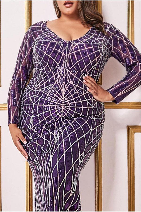 Goddiva Geo Sequin Long Sleeve Maxi Dress - Purple By Goddiva Plus