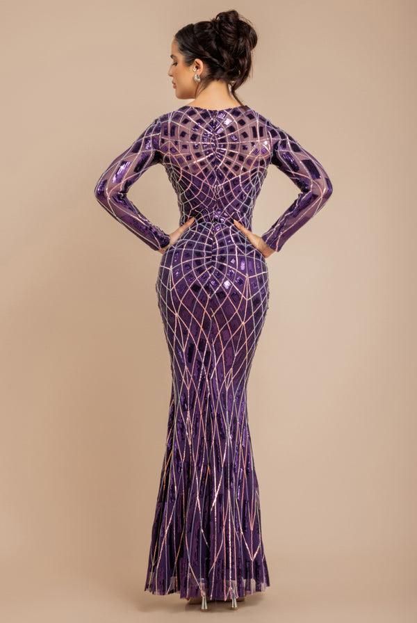 Goddiva Geo Sequin Long Sleeve Maxi Dress - Purple By Goddiva
