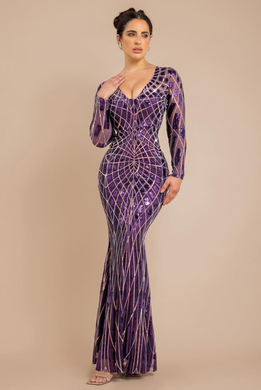 goddiva Geo Sequin Long Sleeve Maxi Dress - Purple by Goddiva