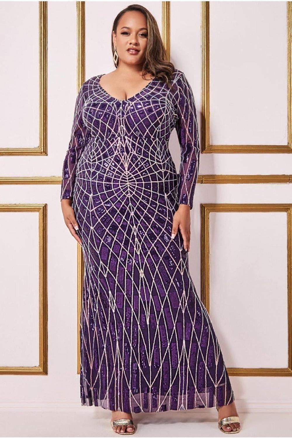 goddiva Geo Sequin Long Sleeve Maxi Dress - Purple by Goddiva Plus