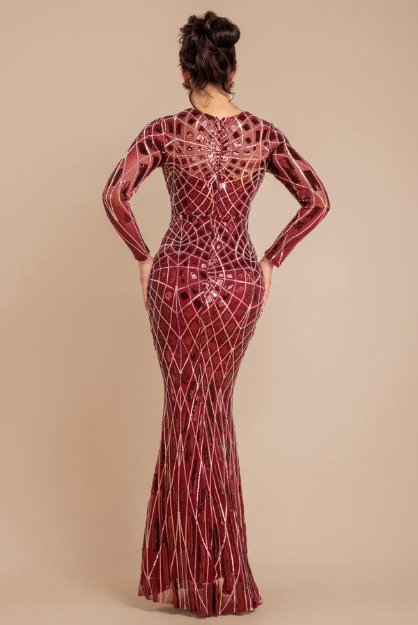 Goddiva Geo Sequin Long Sleeve Maxi Dress - Wine By Goddiva