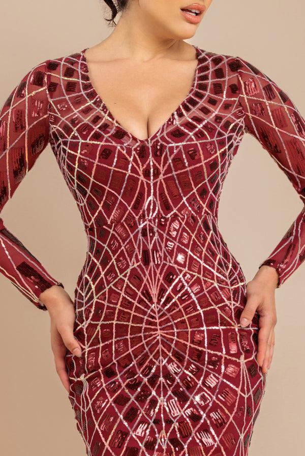 Goddiva Geo Sequin Long Sleeve Maxi Dress - Wine By Goddiva
