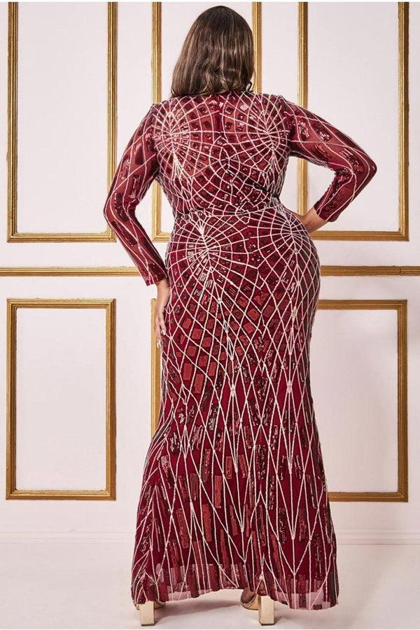 Goddiva Geo Sequin Long Sleeve Maxi Dress - Wine By Goddiva Plus
