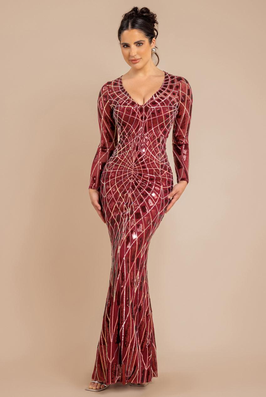 goddiva Geo Sequin Long Sleeve Maxi Dress - Wine by Goddiva