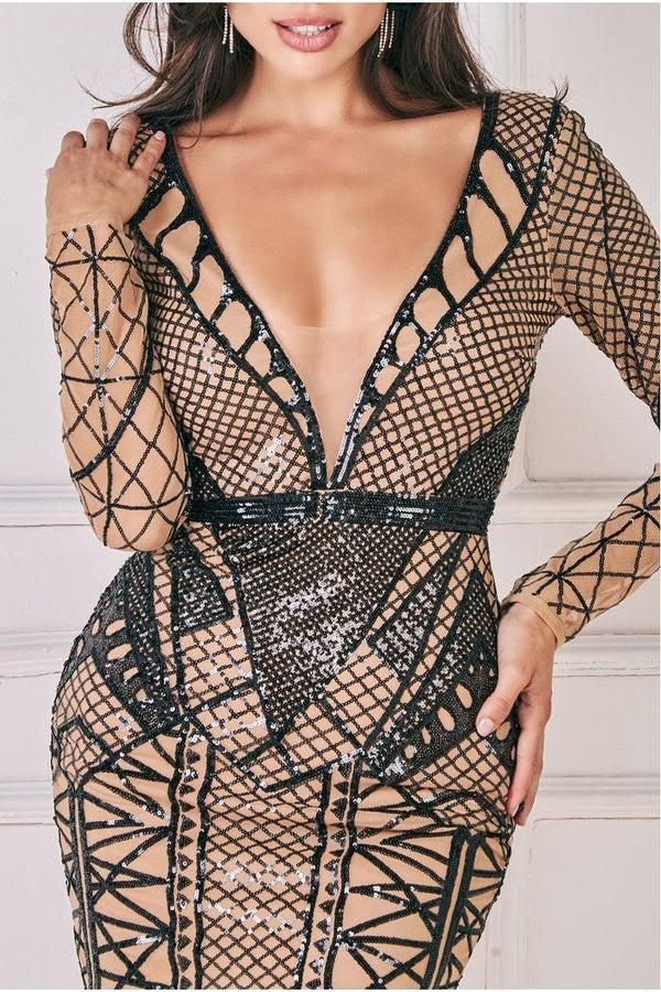 Goddiva Geometric Sequin Plunge Mini Dress - Black By Goddiva
