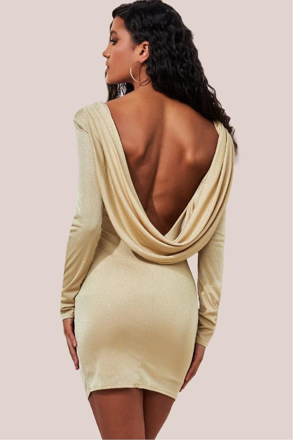 goddiva Glitter Cowl Back Mini With Sleeves - Gold by Goddiva