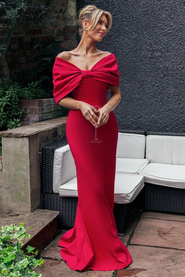 Goddiva Bardot Bow Neck Maxi Dress - Red By Goddiva